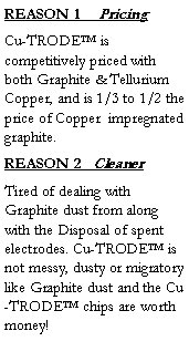 Text Box: REASON 1     Pricing
Cu-TRODE™ is competitively priced with both Graphite & Tellurium Copper, and is 1/3 to 1/2 the price of Copper  impregnated  graphite.
REASON 2   Cleaner
Tired of dealing with Graphite dust from along with the Disposal of spent electrodes. Cu-TRODE™ is not messy, dusty or migratory like Graphite dust and the Cu-TRODE™ chips are worth money! 
