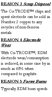 Text Box: REASON 3 Scrap Disposal
The Cu-TRODE™ chips and spent electrode can be sold as Number 2 copper to any recycler of non-ferrous metals.
REASON 4 Electrode Wear
With Cu-TRODE™, EDM electrode wear/consumption is reduced, in some case by as much as 60% when compared to graphite. 
REASON 5 Faster Burns
Typically EDM burn speeds 